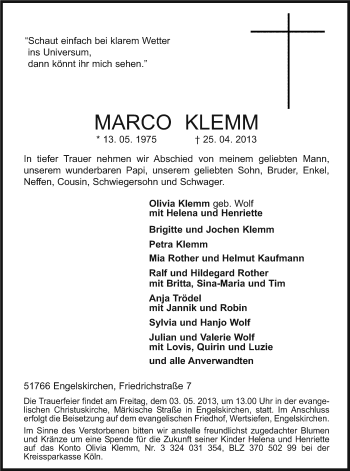 Anzeige von Marco Klemm von Kölner Stadt-Anzeiger / Kölnische Rundschau / Express