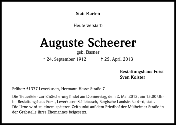 Anzeige von Auguste Scheerer von Kölner Stadt-Anzeiger / Kölnische Rundschau / Express