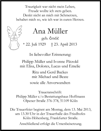 Anzeige von Ana Müller von Kölner Stadt-Anzeiger / Kölnische Rundschau / Express