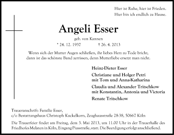 Anzeige von Angeli Esser von Kölner Stadt-Anzeiger / Kölnische Rundschau / Express