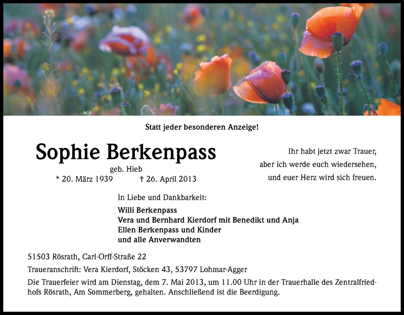  Traueranzeige für Sophie Berkenpass vom 01.05.2013 aus Kölner Stadt-Anzeiger / Kölnische Rundschau / Express