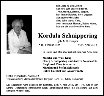 Anzeige von Kordula Schnippering von Kölner Stadt-Anzeiger / Kölnische Rundschau / Express