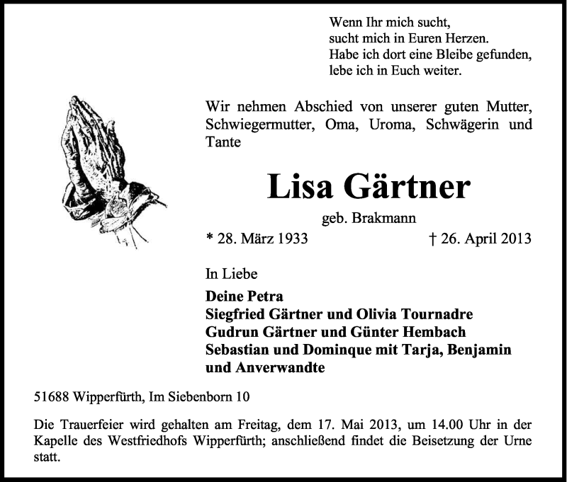  Traueranzeige für Lisa Gärtner vom 30.04.2013 aus Kölner Stadt-Anzeiger / Kölnische Rundschau / Express