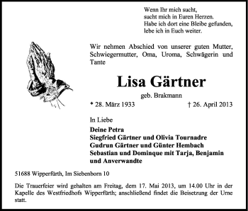 Anzeige von Lisa Gärtner von Kölner Stadt-Anzeiger / Kölnische Rundschau / Express