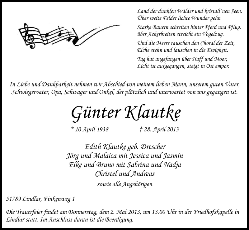  Traueranzeige für Günter Klautke vom 30.04.2013 aus Kölner Stadt-Anzeiger / Kölnische Rundschau / Express