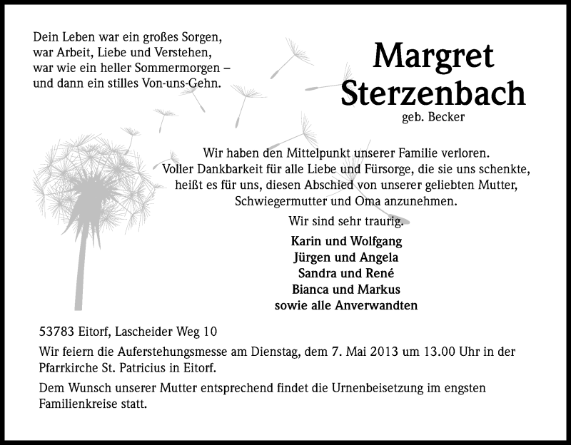  Traueranzeige für Margret Sterzenbach vom 01.05.2013 aus Kölner Stadt-Anzeiger / Kölnische Rundschau / Express