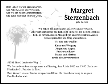 Anzeige von Margret Sterzenbach von Kölner Stadt-Anzeiger / Kölnische Rundschau / Express