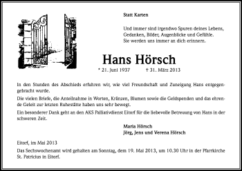 Anzeige von Hans Hörsch von Kölner Stadt-Anzeiger / Kölnische Rundschau / Express