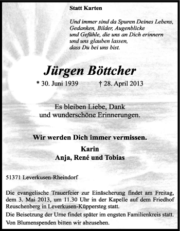 Anzeige von Jürgen Böttcher von Kölner Stadt-Anzeiger / Kölnische Rundschau / Express