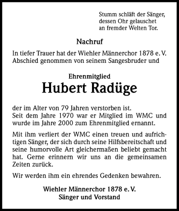 Anzeige von Hubert Radüge von Kölner Stadt-Anzeiger / Kölnische Rundschau / Express