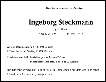 Anzeige von Ingeborg Steckmann von Kölner Stadt-Anzeiger / Kölnische Rundschau / Express