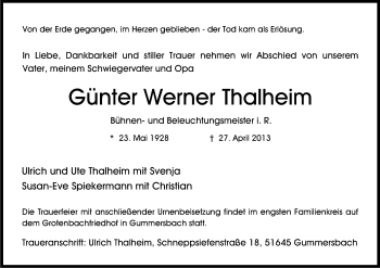 Anzeige von Günter Werner Thalheim von Kölner Stadt-Anzeiger / Kölnische Rundschau / Express
