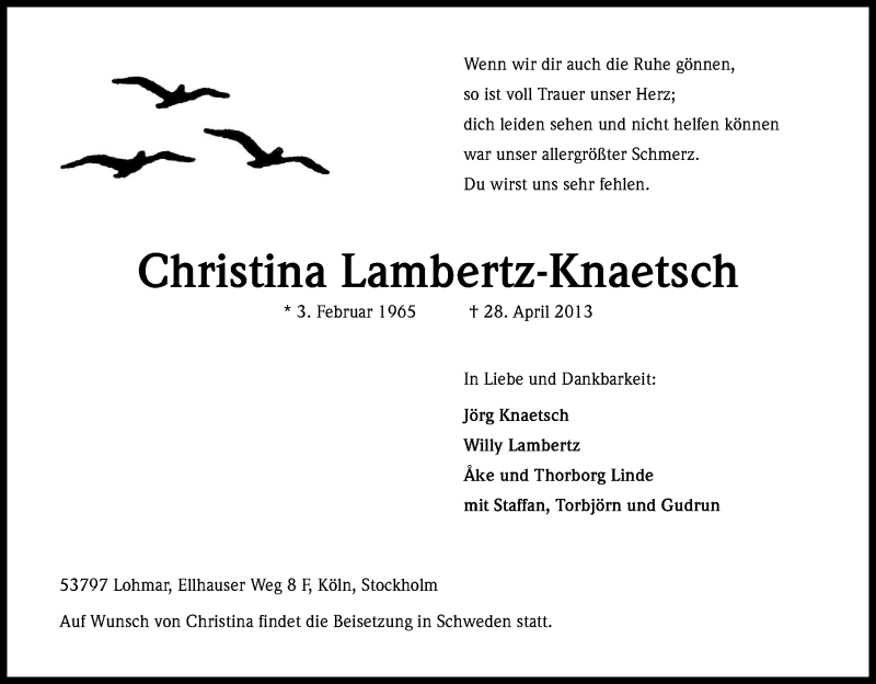  Traueranzeige für Christina Lambertz-Knaetsch vom 04.05.2013 aus Kölner Stadt-Anzeiger / Kölnische Rundschau / Express