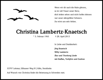 Anzeige von Christina Lambertz-Knaetsch von Kölner Stadt-Anzeiger / Kölnische Rundschau / Express