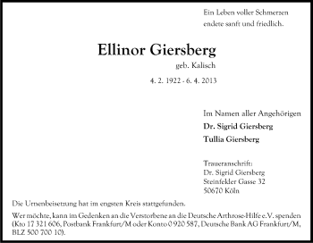 Anzeige von Ellinor Giersberg von Kölner Stadt-Anzeiger / Kölnische Rundschau / Express