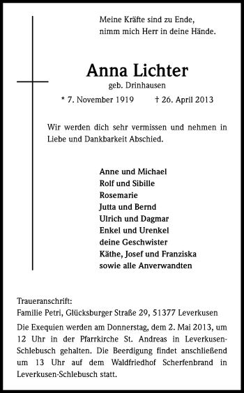 Anzeige von Anna Lichter von Kölner Stadt-Anzeiger / Kölnische Rundschau / Express