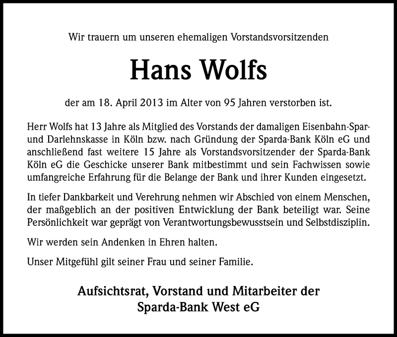 Traueranzeige für Hans Wolfs vom 01.05.2013 aus Kölner Stadt-Anzeiger / Kölnische Rundschau / Express