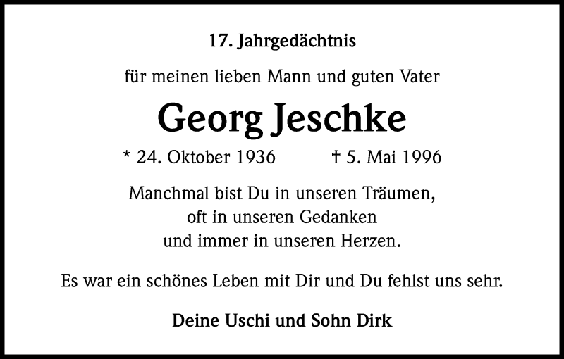  Traueranzeige für Georg Jeschke vom 04.05.2013 aus Kölner Stadt-Anzeiger / Kölnische Rundschau / Express