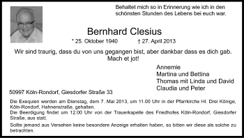 Anzeige von Bernhard Clesius von Kölner Stadt-Anzeiger / Kölnische Rundschau / Express