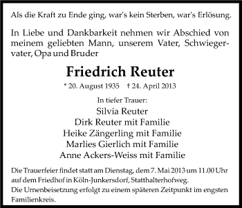 Anzeige von Friedrich Reuter von Kölner Stadt-Anzeiger / Kölnische Rundschau / Express