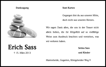 Anzeige von Erich Sass von Kölner Stadt-Anzeiger / Kölnische Rundschau / Express