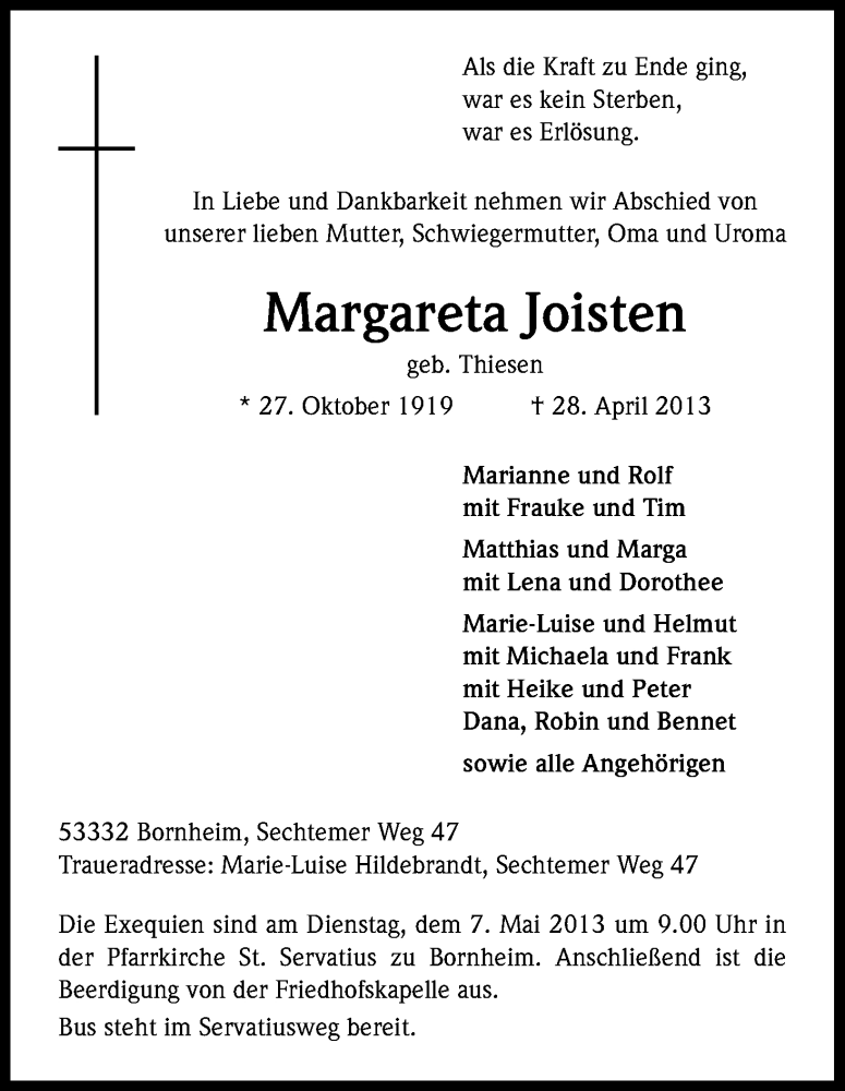  Traueranzeige für Margareta Joisten vom 01.05.2013 aus Kölner Stadt-Anzeiger / Kölnische Rundschau / Express