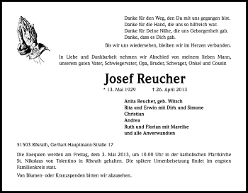 Anzeige von Josef Reucher von Kölner Stadt-Anzeiger / Kölnische Rundschau / Express