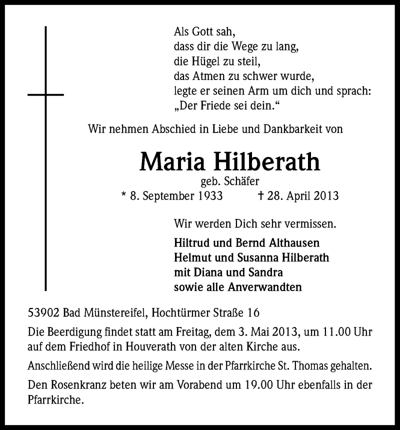  Traueranzeige für Maria Hilberath vom 01.05.2013 aus Kölner Stadt-Anzeiger / Kölnische Rundschau / Express