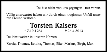 Anzeige von Torsten Kaisers von Kölner Stadt-Anzeiger / Kölnische Rundschau / Express