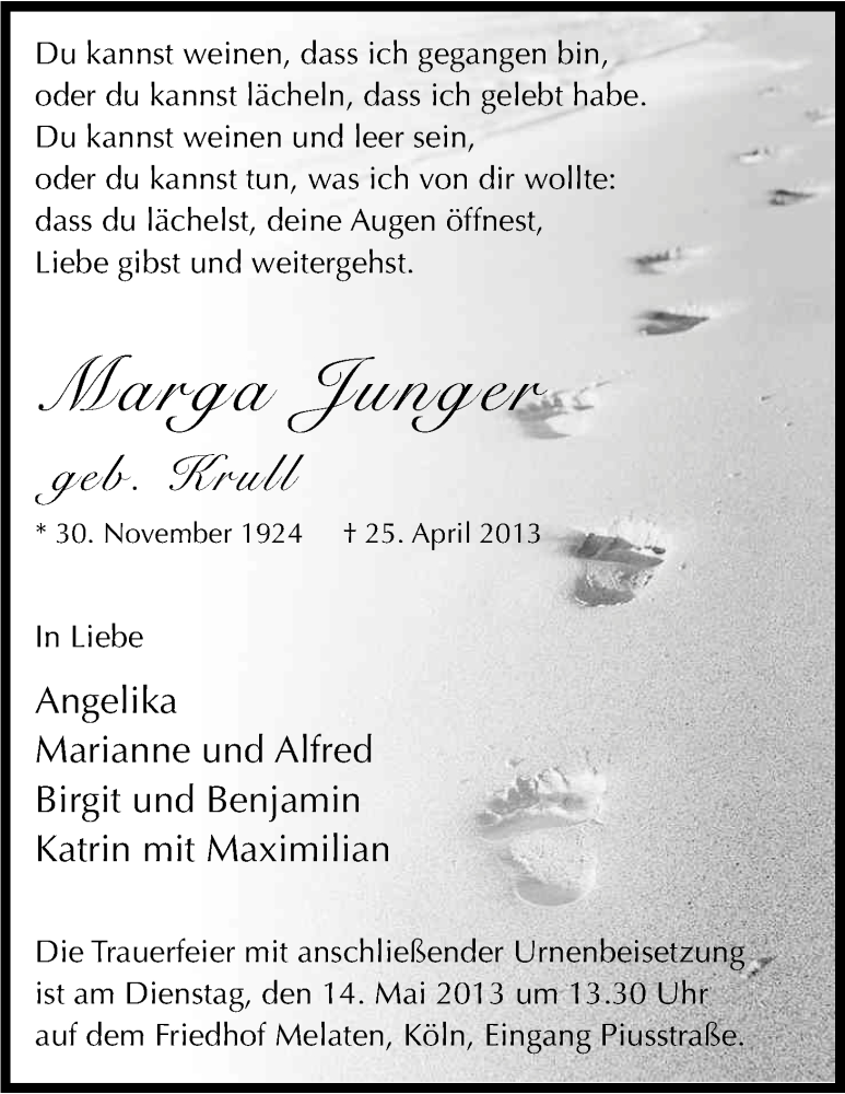  Traueranzeige für Marga Junger vom 04.05.2013 aus Kölner Stadt-Anzeiger / Kölnische Rundschau / Express
