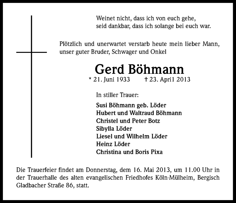  Traueranzeige für Gerd Böhmann vom 11.05.2013 aus Kölner Stadt-Anzeiger / Kölnische Rundschau / Express