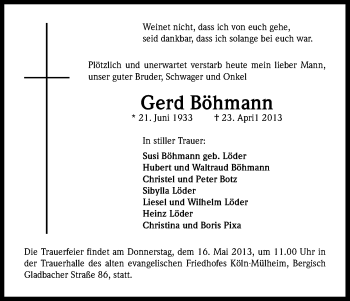 Anzeige von Gerd Böhmann von Kölner Stadt-Anzeiger / Kölnische Rundschau / Express