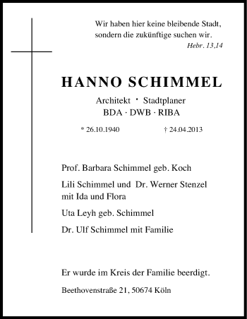 Anzeige von Hanno Schimmel von Kölner Stadt-Anzeiger / Kölnische Rundschau / Express