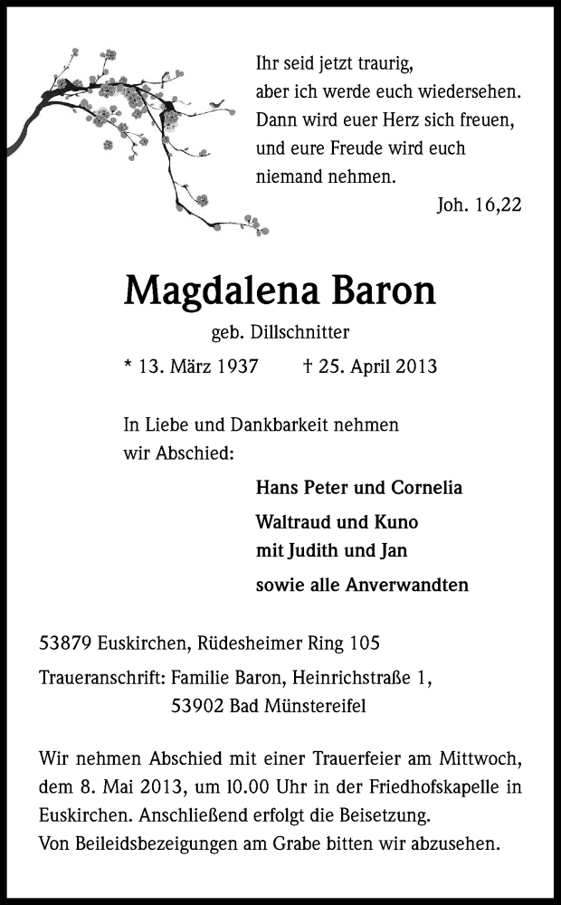  Traueranzeige für Magdalena Baron vom 04.05.2013 aus Kölner Stadt-Anzeiger / Kölnische Rundschau / Express