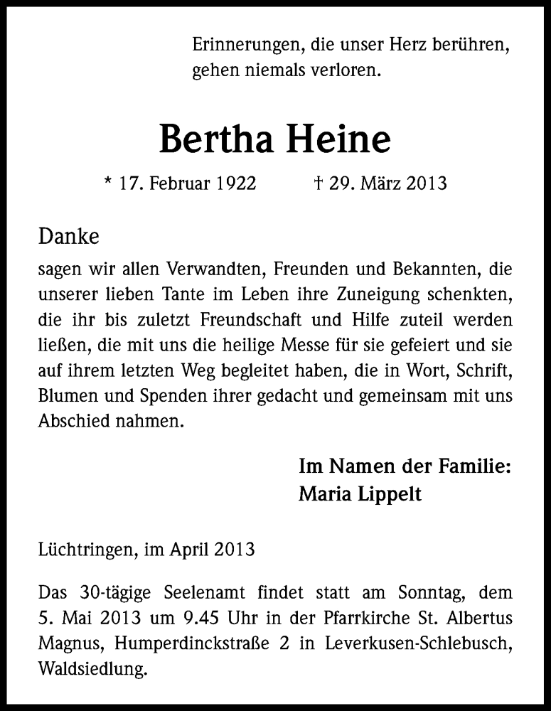  Traueranzeige für Bertha Heine vom 01.05.2013 aus Kölner Stadt-Anzeiger / Kölnische Rundschau / Express