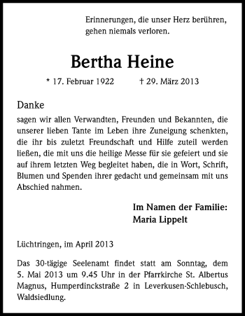 Anzeige von Bertha Heine von Kölner Stadt-Anzeiger / Kölnische Rundschau / Express