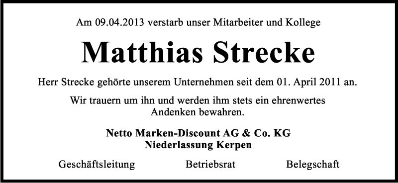  Traueranzeige für Matthias Strecke vom 01.05.2013 aus Kölner Stadt-Anzeiger / Kölnische Rundschau / Express