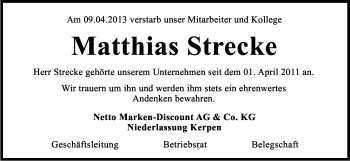 Anzeige von Matthias Strecke von Kölner Stadt-Anzeiger / Kölnische Rundschau / Express