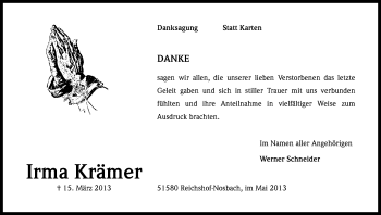 Anzeige von Irma Krämer von Kölner Stadt-Anzeiger / Kölnische Rundschau / Express