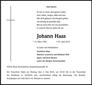 Anzeige von Johann Haas von Kölner Stadt-Anzeiger / Kölnische Rundschau / Express