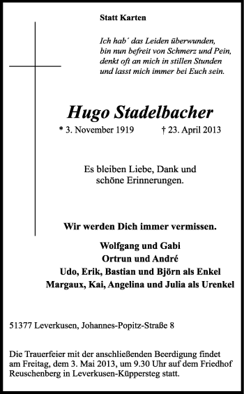 Anzeige von Hugo Stadelbacher von Kölner Stadt-Anzeiger / Kölnische Rundschau / Express