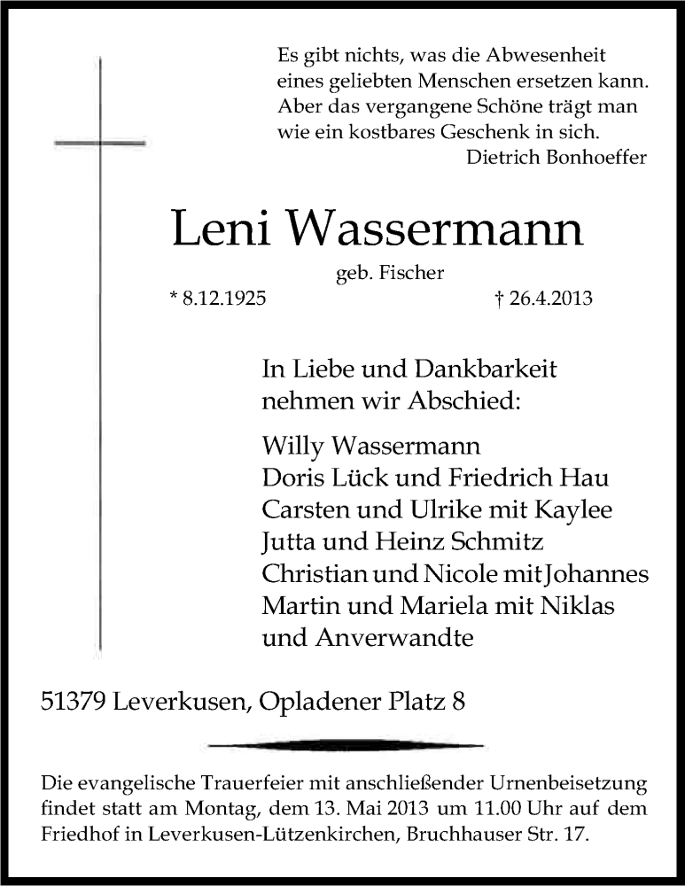  Traueranzeige für Leni Wassermann vom 03.05.2013 aus Kölner Stadt-Anzeiger / Kölnische Rundschau / Express