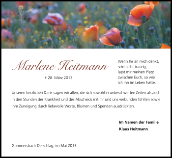 Anzeige von Marlene Heitmann von Kölner Stadt-Anzeiger / Kölnische Rundschau / Express