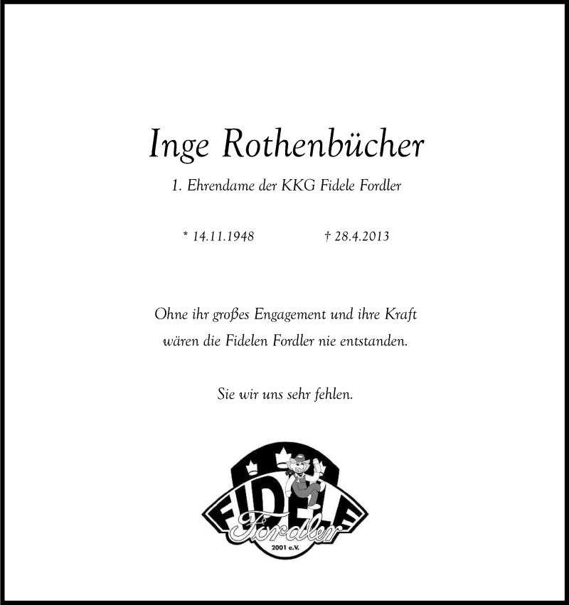  Traueranzeige für Inge Rothenbücher vom 01.05.2013 aus Kölner Stadt-Anzeiger / Kölnische Rundschau / Express