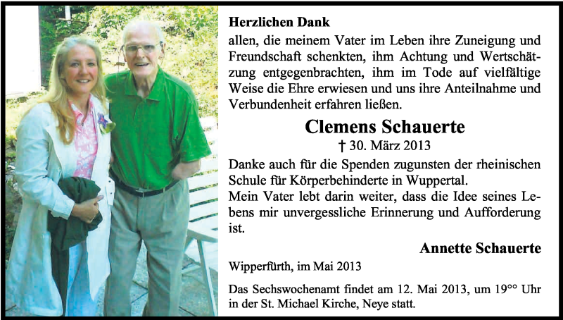  Traueranzeige für Clemens Schauerte vom 04.05.2013 aus Kölner Stadt-Anzeiger / Kölnische Rundschau / Express