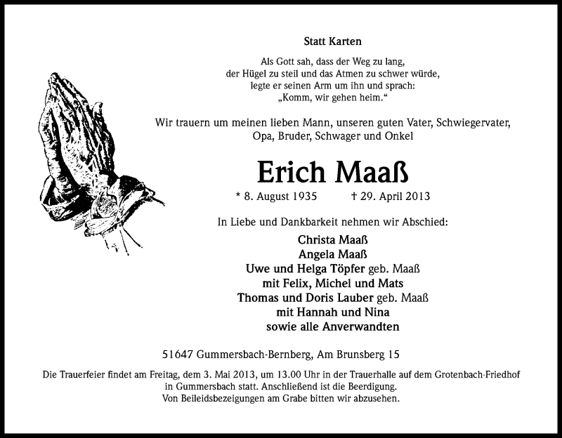  Traueranzeige für Erich Maaß vom 01.05.2013 aus Kölner Stadt-Anzeiger / Kölnische Rundschau / Express