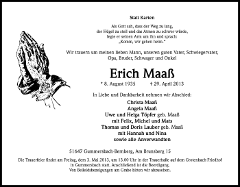 Anzeige von Erich Maaß von Kölner Stadt-Anzeiger / Kölnische Rundschau / Express