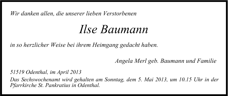  Traueranzeige für Ilse Baumann vom 01.05.2013 aus Kölner Stadt-Anzeiger / Kölnische Rundschau / Express