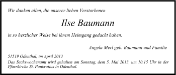 Anzeige von Ilse Baumann von Kölner Stadt-Anzeiger / Kölnische Rundschau / Express