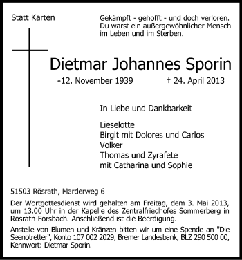 Anzeige von Dietmar Johannes Sporin von Kölner Stadt-Anzeiger / Kölnische Rundschau / Express